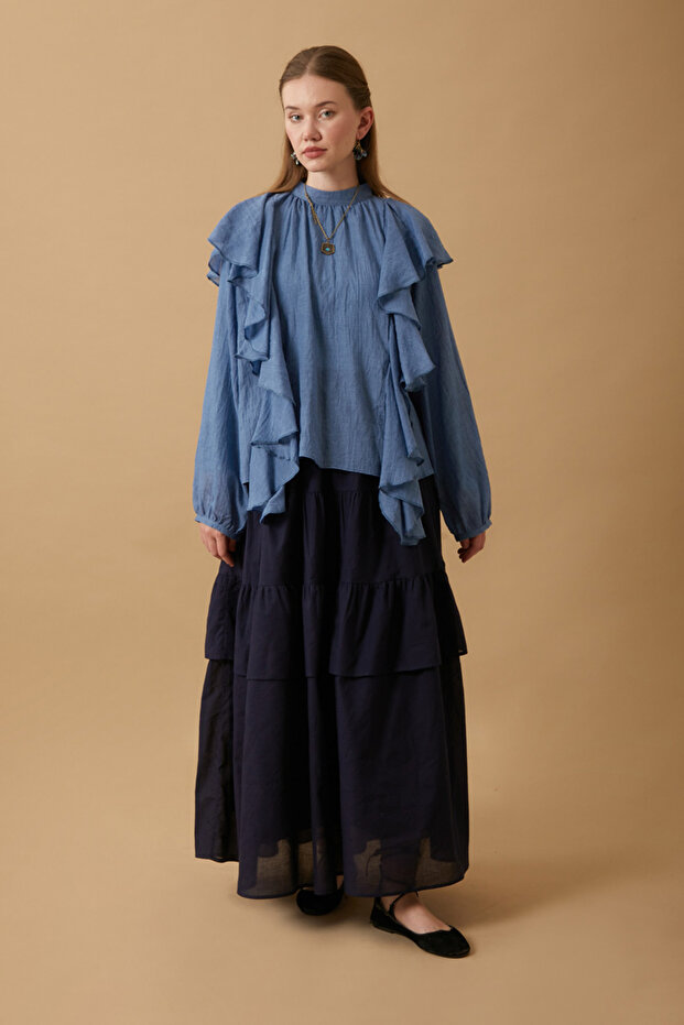 Volanlı Bluz İndigo - 2