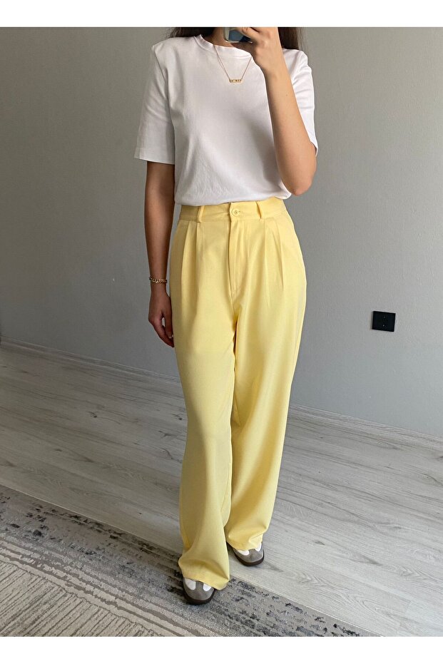 High Waist Clamp Detailed Palazzo Fabric Trousers