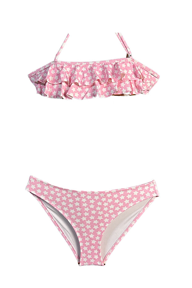 Halter Neck Star Patterned -Pale Pink 50Uv Girls Bikini Set by Nessi Byrd