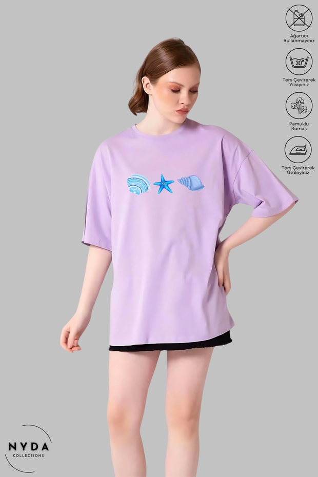Women's Crew Neck Sea Themed Printed Cotton Oversize Short Sleeve T-Shirt