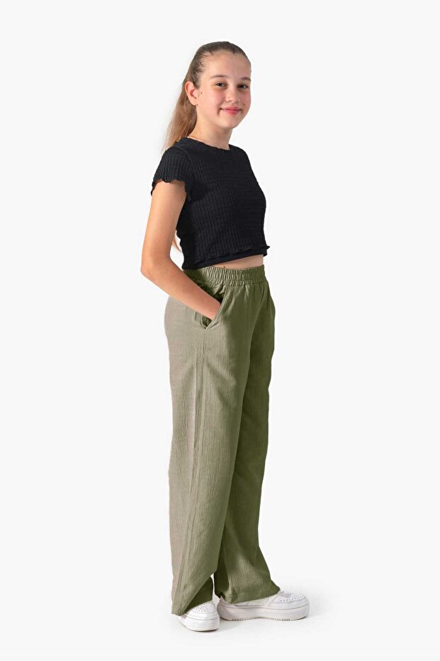 Girl's Elastic Waist Pocket Woven Fabric Summer Trousers