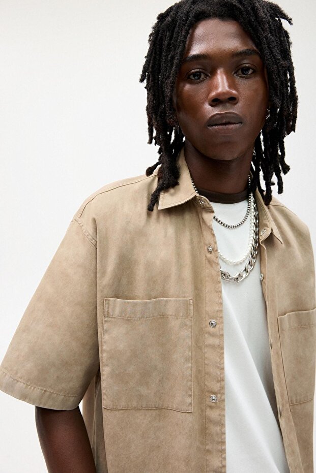 Yıkama efektli kısa kollu gömlek - 6