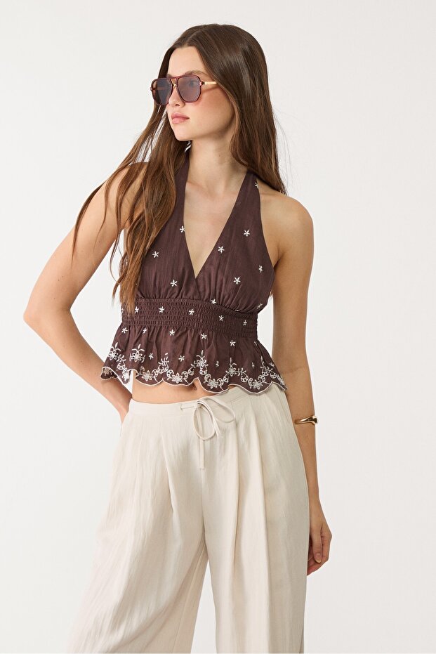 Kontrast Nakışlı Halter Üst - 3