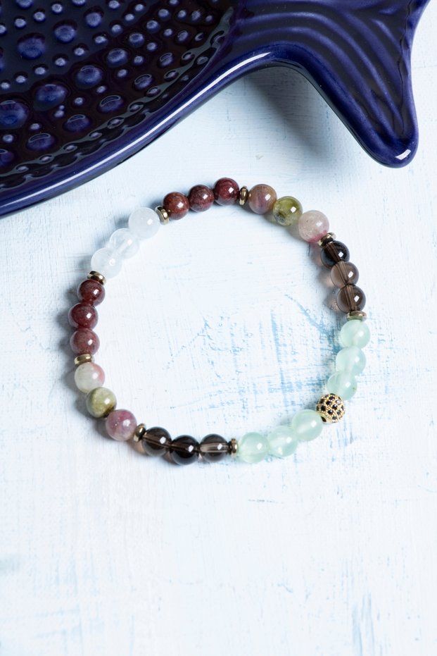 Certified Fluorite, Smoky Quartz, Tourmaline, Garnet, Crystal Quartz and Hematite Capricorn Bracelet