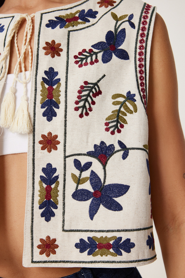 Nakış İşlemeli Keten Yelek TAŞ LDJ0002 - 3