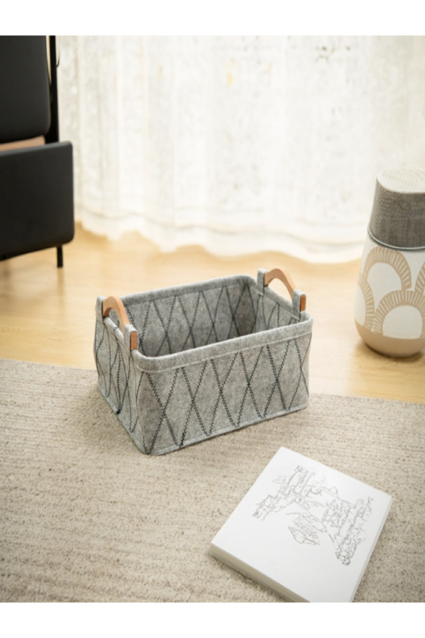 سلة تخزين متينة على شكل مستطيل بمقبض خشبي - 2