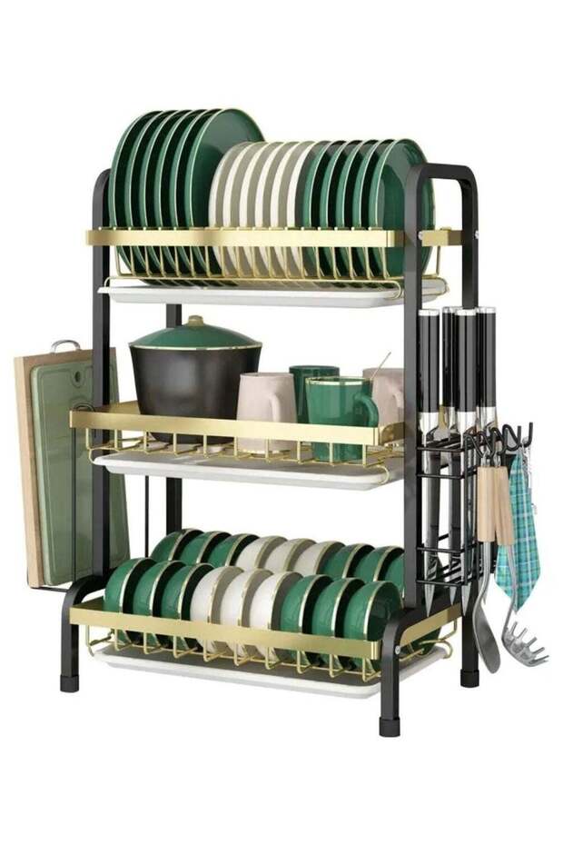 Kitchen Carbon Steel Drain Bowl and Dish Rack Storage Rack with Chopsticks and Chopping Board
