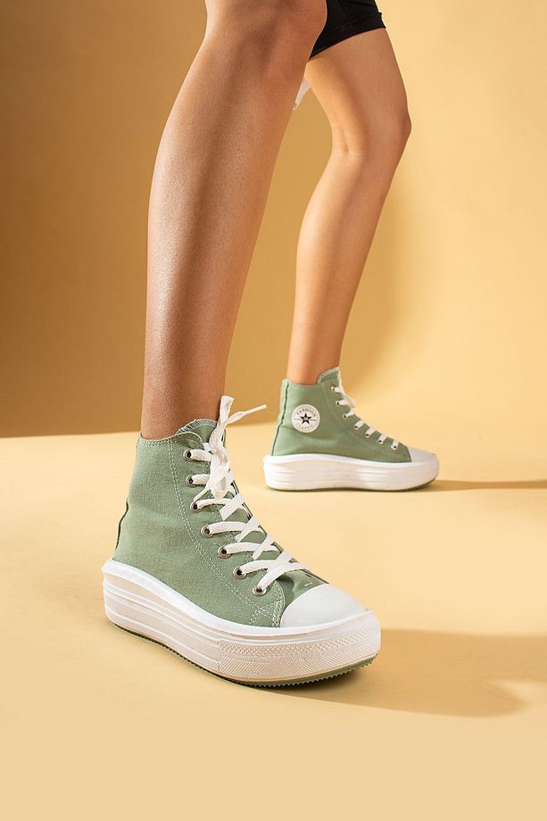 Kadın Yeşil Unisex Yüksek Taban Boğazlı Convers Model Keten Sneaker Bot - 2
