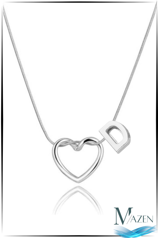 Silver Color Heart Letter Detailed Necklace – Tarnish-Free Surgical Steel – Letter D