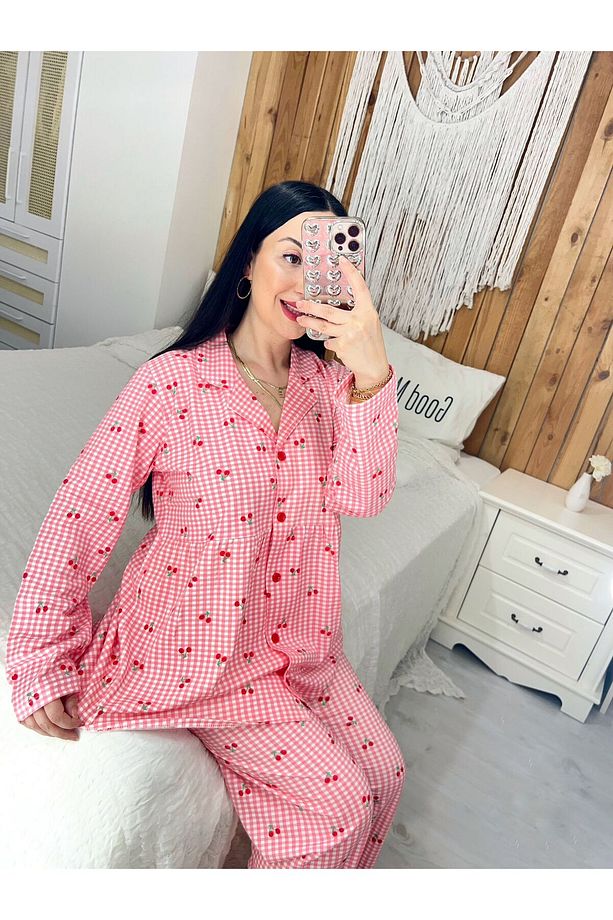 Kiraz desenli uzun kol penye pamuk kumaş before after pijama takımı - 3