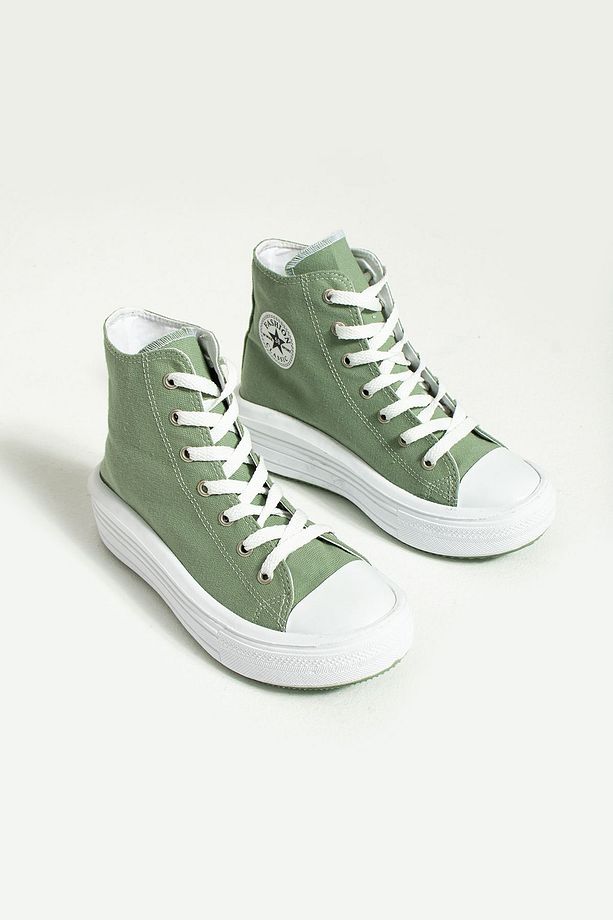 Kadın Yeşil Unisex Yüksek Taban Boğazlı Convers Model Keten Sneaker Bot - 4