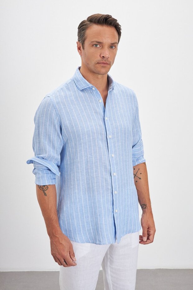Italian Collar Striped Comfort Fit 100% Linen Men's Shirt
