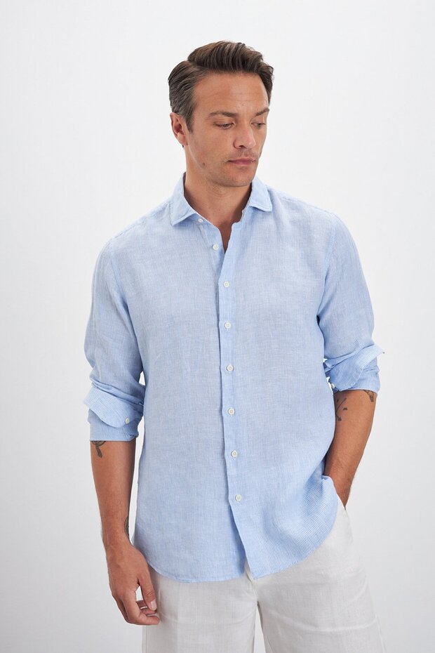 Italian Collar Striped Comfort Fit 100% Linen Men's Shirt