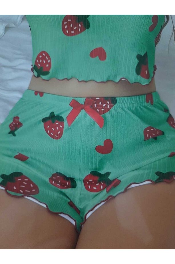Kalpli Çilekli Yeşil Askılı Şortlu Pijama Takımı - 8