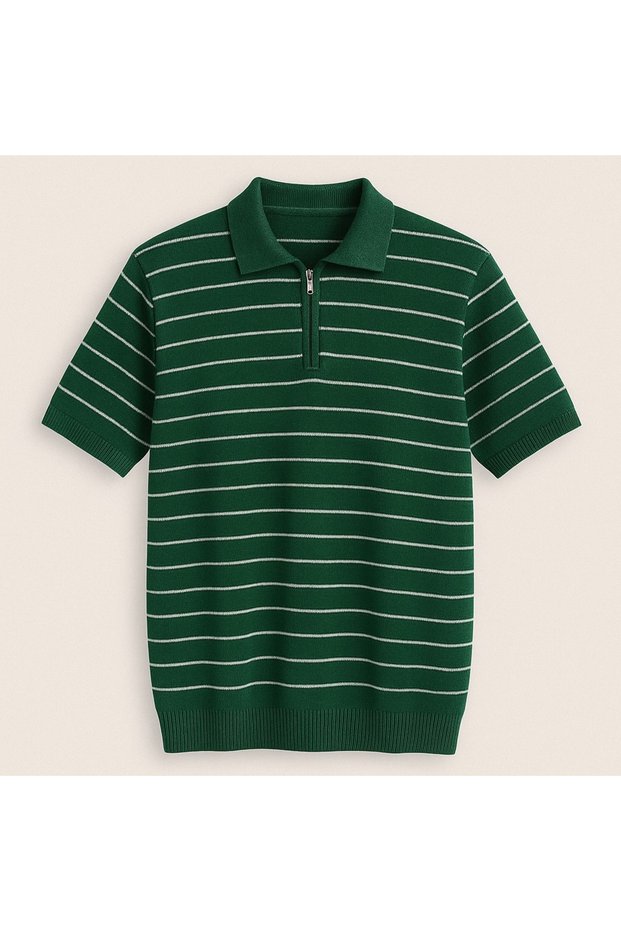 Striped Design Polo Collar Zipper Breathable Short Sleeve Men's Summer Knitwear T-Shirt