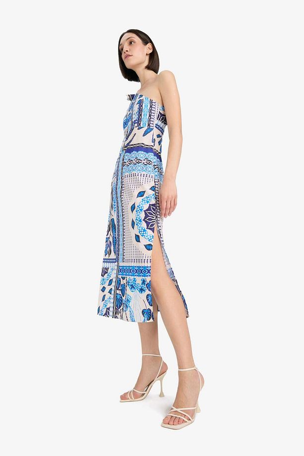Regular Fit Tropikal Desenli Tek Omuzlu Poplin Plaj Elbisesi-Fall in Love F6296AX25HS - 3