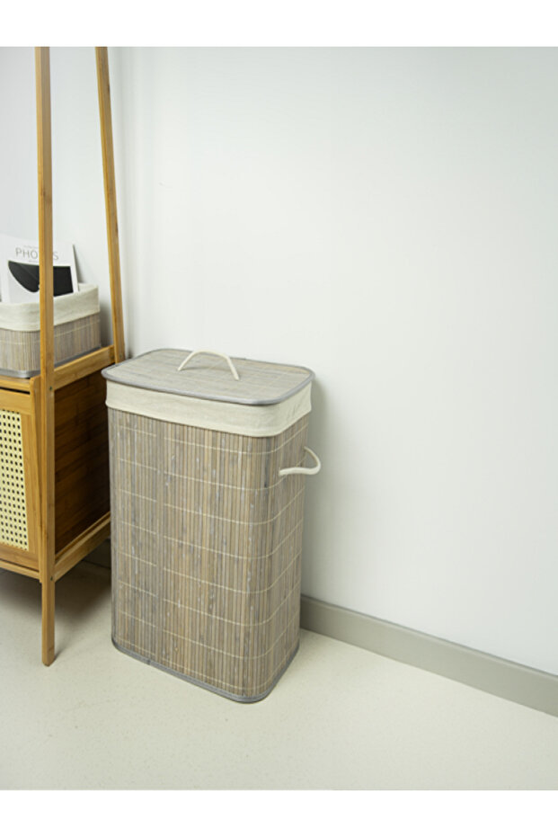 سلة غسيل متينة على شكل مستطيل من الخيزران مع غطاء - 1