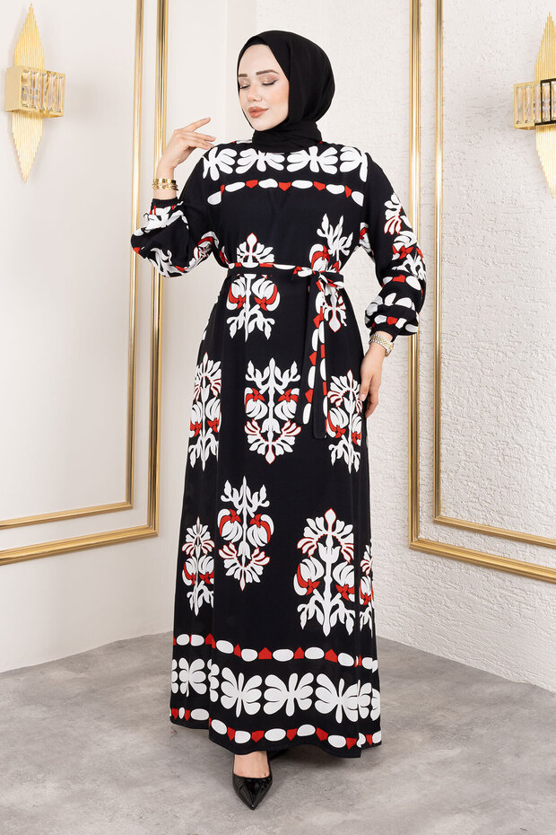 Figured Ethnic Patterned Viscose Long Hijab Dress Tsd250193 Black