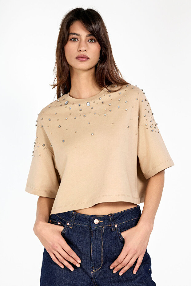 Stone Detailed Cream T-Shirt