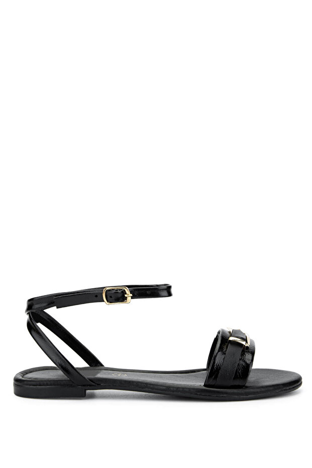 Women's Genuine Leather Black Patent Leather Flat Sandals