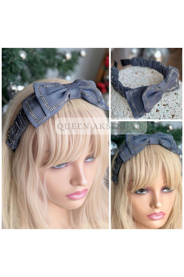 Luxury Design Crystal Stone Embroidered Motif Layered Bow Denim Fabric Drawstring Crown Women's Children's Crown Blue