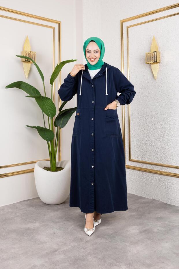 Women's Buttoned Hooded Pocket Tassel Navy Blue Denim Cap
