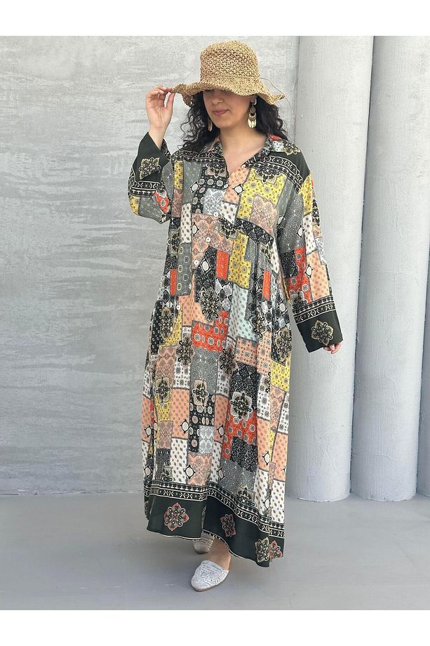 Patchwork Desenli Maksi Elbise Kahve - 1