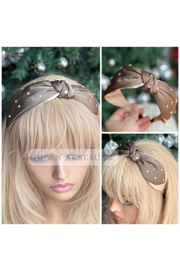 Luxury Design Crystal Sparkly Rhinestone Knotted Satin Women Crown Brown Nude Color Tiara