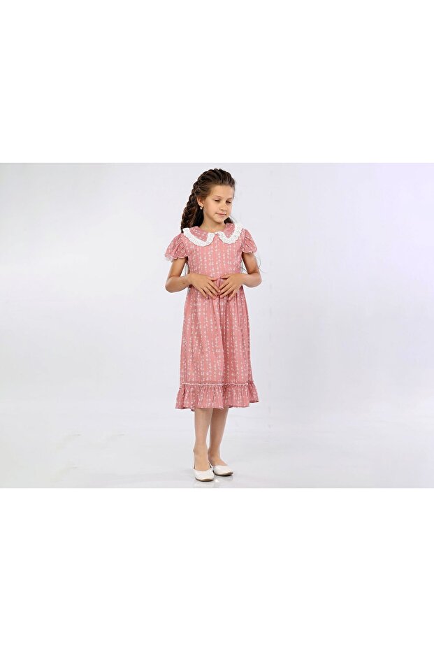 Burç 330-06-25 Girl's Patterned Collar Chiffon Dress 2/10 Years