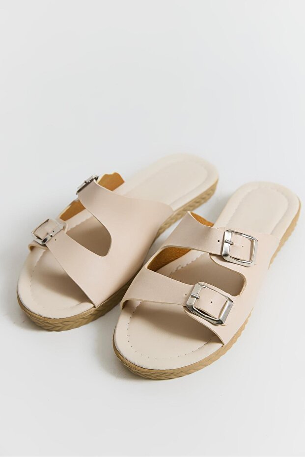 Double Buckle Soft Sole Women's Slippers Cream