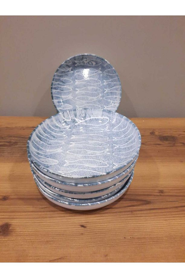 KERAMİKA YEMEK TABAĞI 21 CM 6 ADET PARLAK MAVİ BALIK DESENLİ - 4