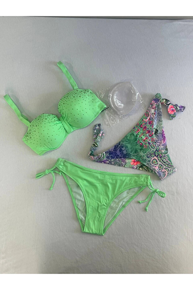 Women's Green Stone Embroidered 3 Piece Bikini Suit Hzl25S-Lc3315
