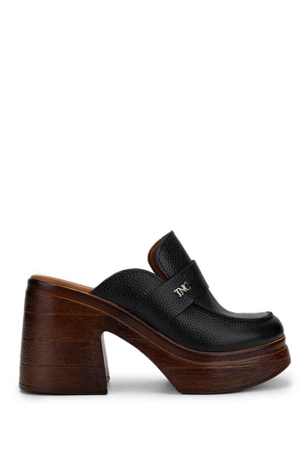 Women's Genuine Leather Black Heeled Slippers
