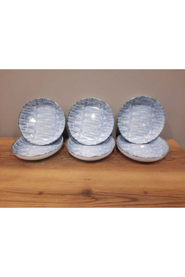 KERAMİKA YEMEK TABAĞI 21 CM 6 ADET PARLAK MAVİ BALIK DESENLİ - 2