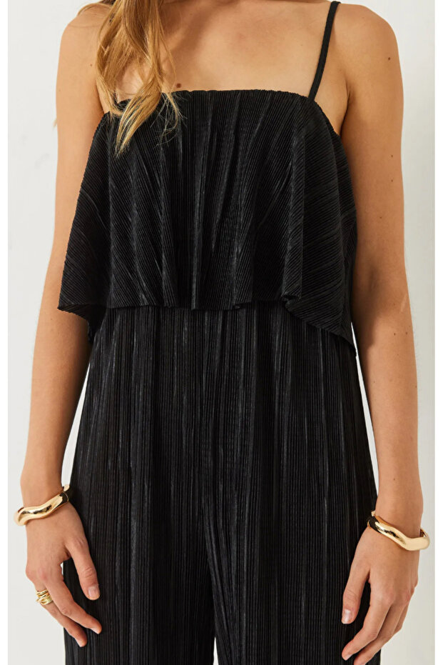 Kadın Askılı Pliseli Siyah Tulum - 3