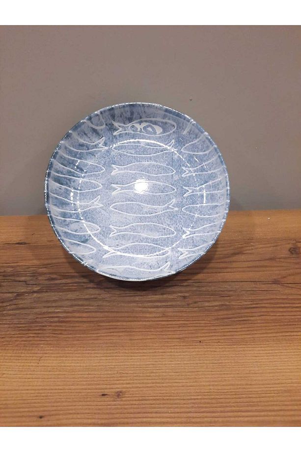 KERAMİKA YEMEK TABAĞI 21 CM 6 ADET PARLAK MAVİ BALIK DESENLİ - 6