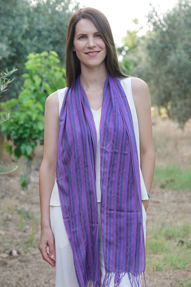 Hand Woven Peace Silk Scarf&Kaşkol - Striped - Purple