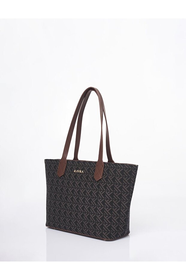 Monogram Desen Shopper Çanta Kahve - 2