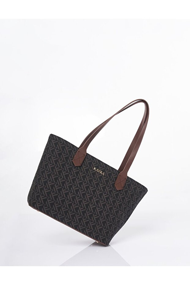 Monogram Desen Shopper Çanta Kahve - 4
