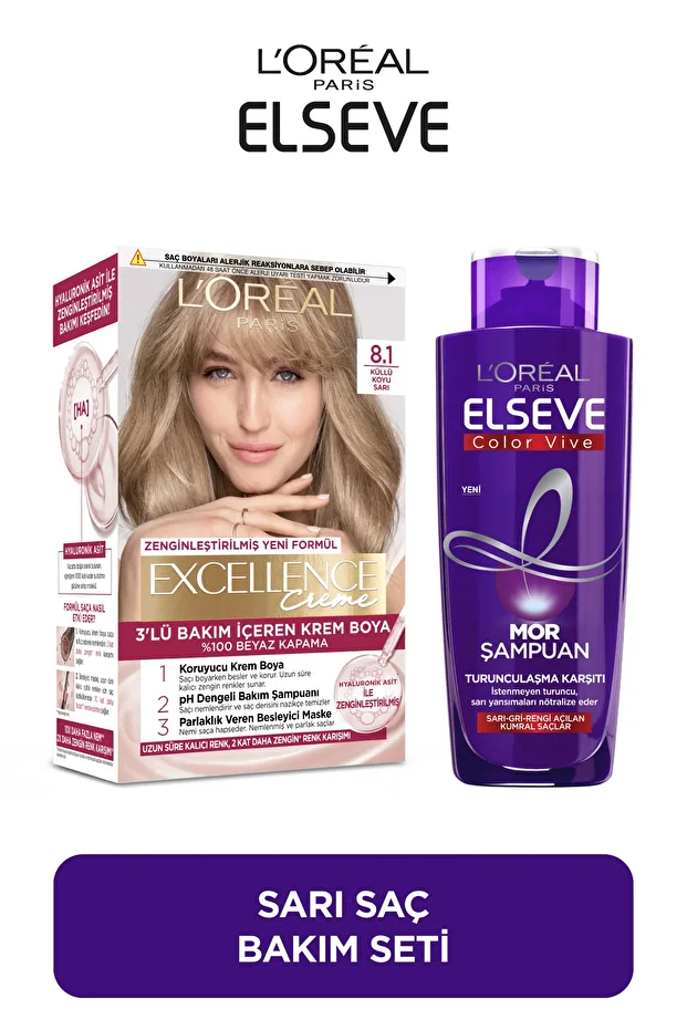 Excellence Creme 8.1 + Elseve Turunculaşma Karşıtı Mor Şampuan 200 ml - 1