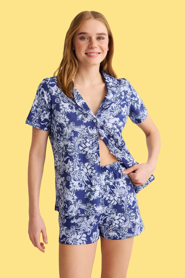 Lacivert %100 Pamuklu Etnik/Bohem Desenli Şortlu Örme Pijama Takımı THMSS25PT00098 - 1