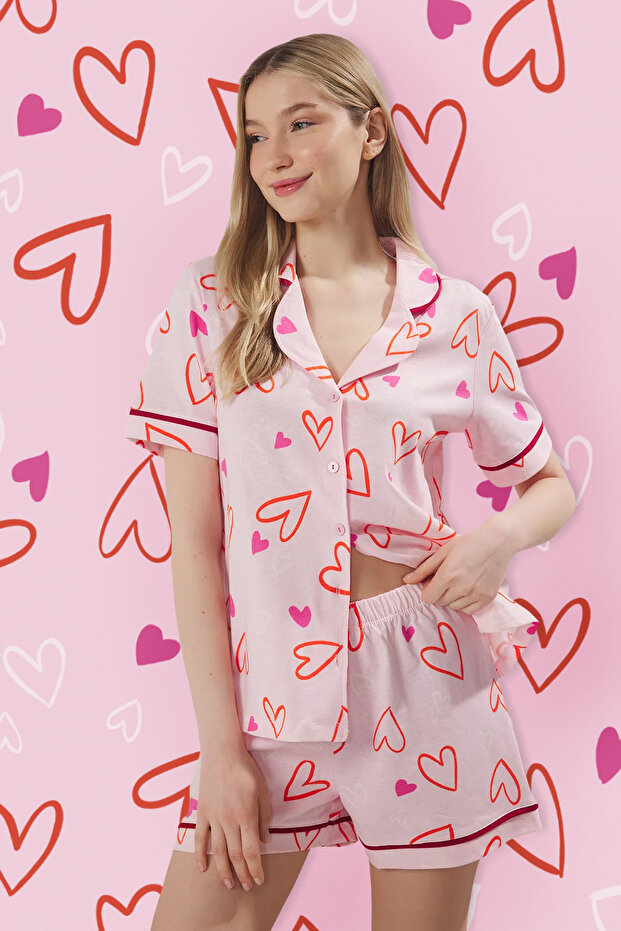 Pembe %100 Pamuklu Kalpli Biyeli Şortlu Örme Pijama Takımı THMSS25PT00344 - 1