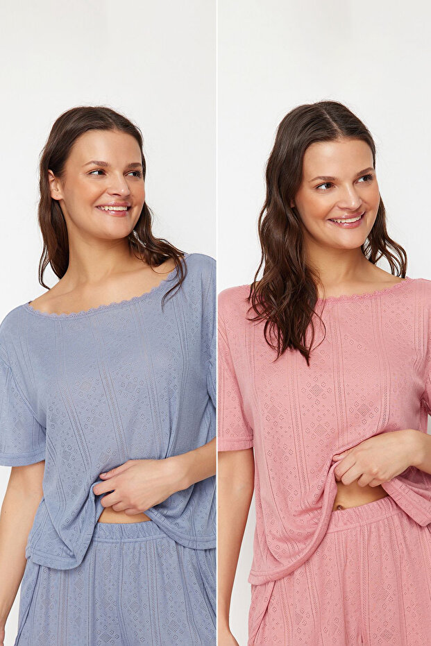 Çok Renkli 2'li Paket Pointel Ajurlu/Delikli Örme Pijama Üstü THMSS24PT00276 - 1