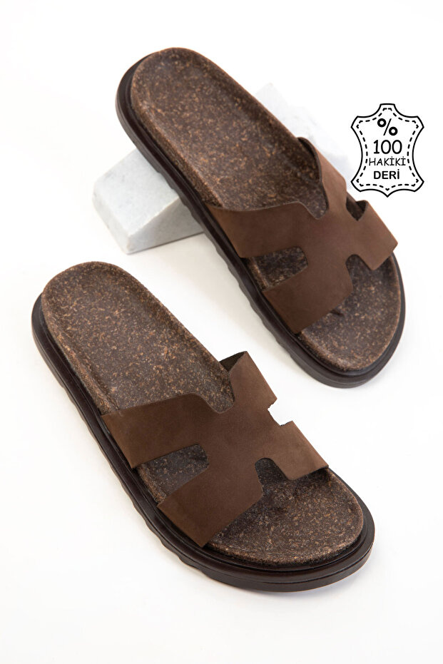 Brown Matte Genuine Leather Women's Slippers 20684