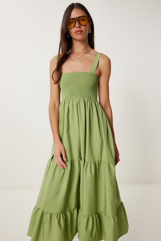 Women's Green Strap Flounced Summer Dress Zv00330