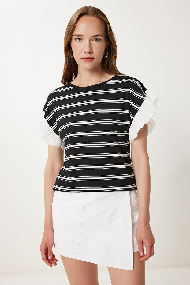 Women's Black Bone Striped Flounced Cotton Knitted Blouse Tp00080