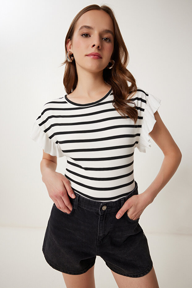 Women's Bone Black Striped Flounced Cotton Knitted Blouse Tp00080