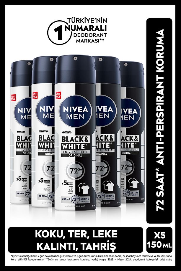 MEN Erkek Sprey Deodorant Black&White Invisible Original 150ml, 72 Saat Anti-perspirant, X5 Adet - 1