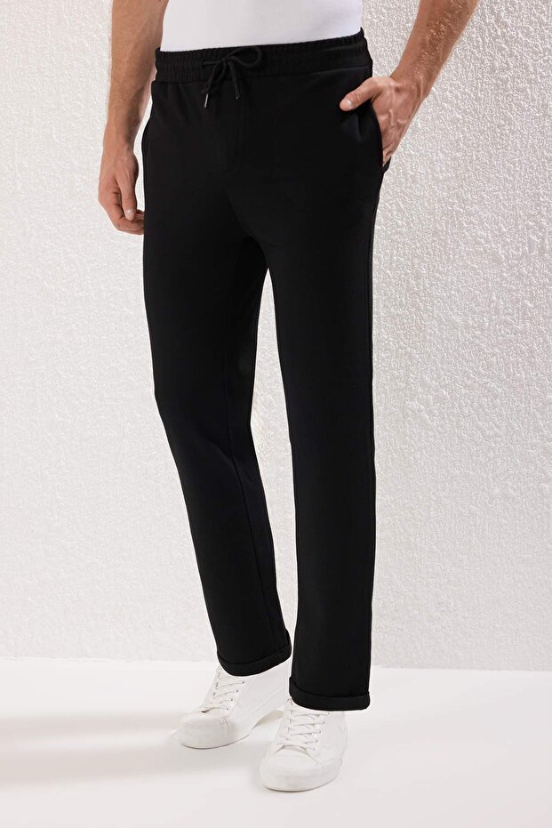 Siyah Regular Fit Örme Esnek Rahat Beli Bağlamalı Lastikli Duble Paça Pantolon TMNAW25PL00002 - 1