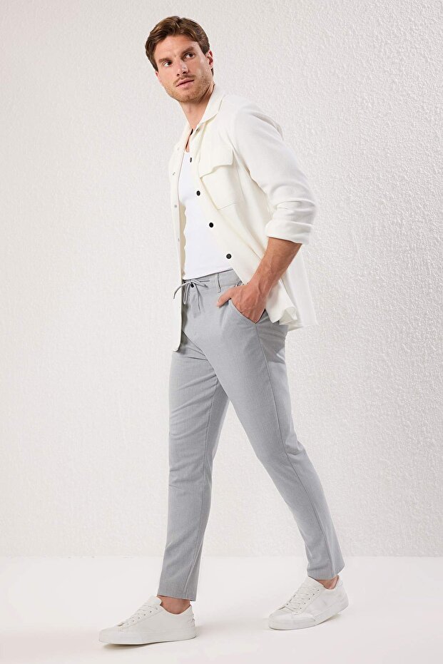 Açık Gri Slim Fit Beli Bağlama Detaylı Lastikli Kumaş Dokuma Pantolon TMNAW25PL00027 - 2